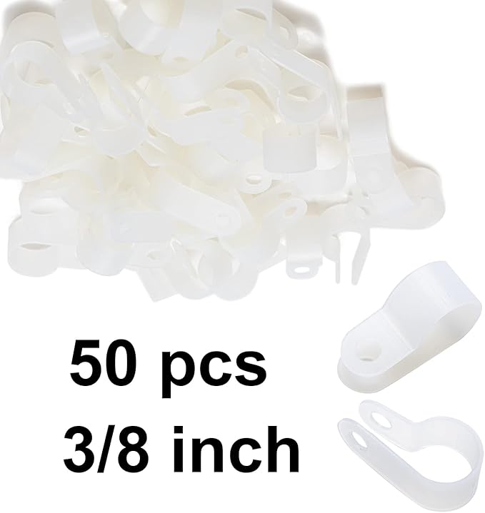 50 Pack 3/8 inch Rope Light Clips with Stainless Steel Screws, Cable Clip Wire Clamp for Wire Management，P-Type Mounting Clips