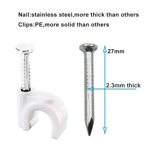 HS Cable Clips 10mm with Steel Nail 200 Pieces White，Ethernet Management U Shaped Wire Cord Staples Hooks for Outdoor Wall,Coax Cat8 RG8 Cable Extension Fasteners