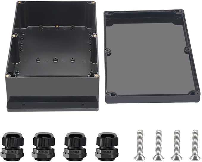 Project Box ABS Black Electrical Boxes IP67 Outdoor Waterproof Junction Box Electronic with Mounting Ears Includes Cable Glands for DIY Project 10.4 x 7.2 x 3.7 inch (263x182x95mm)