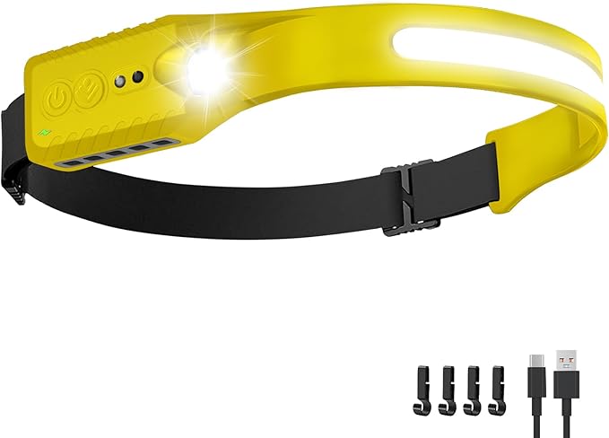 Rechargeable LED Headlamp, 400 Lumens, 230° Wide Beam, USB-C, 5 Modes — Lightweight, Adjustable Headband; Hard Hat Clips for Camping, Hiking, Running, Repairs & Gift (1, Yellow)