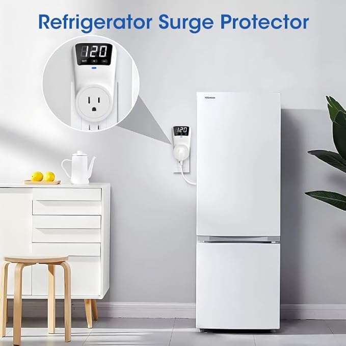 Surge Protector Voltage Stabilizers - Fireproof UL94V-1 Wall Mount Surge Protector Outlets for Refrigerator TV Appliances Real-Time Monitoring & Custom Voltage 80V-140V, 15A, 120V, 1800J,2 Pack