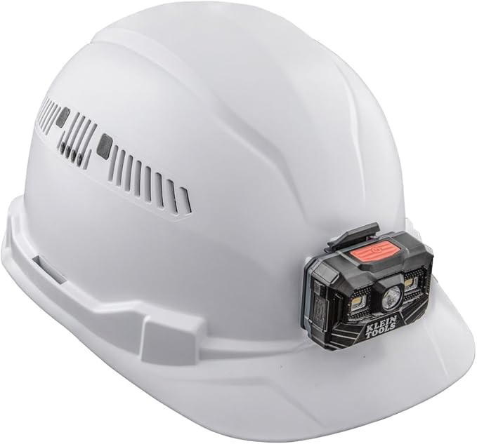Klein Tools 60113RL Hard Hat, Rechargeable Headlamp, Vented, Cap Style, Padded Self-Wicking Odor-Resistant Sweatband, White