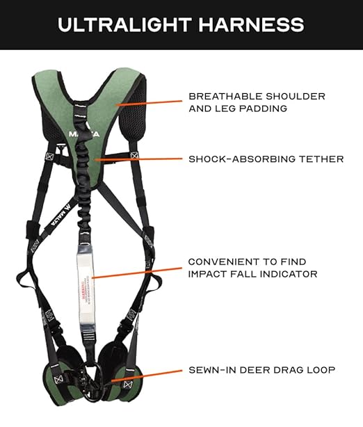 Malta Hunting Safety Ultralight Tree Stand Safety Harness Kit Set, TrueTimber Patterns, Multi-Sizes (Forest Green, Large-XLarge)