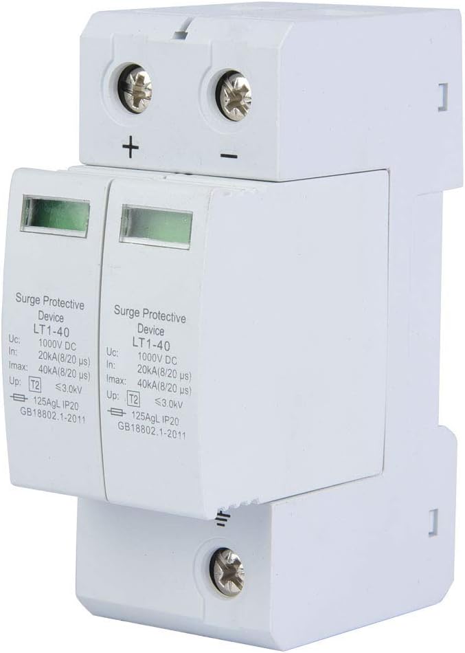 2P Surge Protective Device 1000V DC PC Flame Retardant Shell Photovoltaic Lightning Protector Low-Voltage Arrester, Installation with Standard 36MM Guide Rail (2P 40KA)