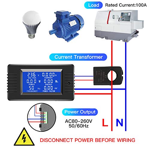 2 Pieces AC Current Voltage Amperage Power Energy Panel Meter LCD Digital Display Ammeter Voltmeter Multimeter with Split Core Current Transformer CT AC 80-260V 100A Multi-Function Power Monitor