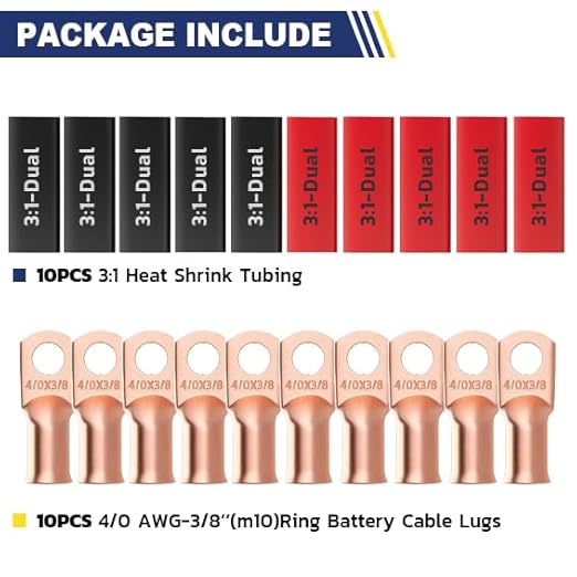 haisstronica 10pcs 4/0 AWG - 3/8"(M10) Battery Cable Lugs, Heavy Duty Copper Wire Lugs with 10pcs 3:1 Adhesive Heat Shrink Tubing, 0000 Gauge Wire Lugs, Battery Terminal Connector, Battery Cable Ends