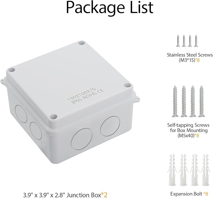 LeMotech ABS Plastic Dustproof Waterproof IP65 Junction Box Universal Electrical Project Enclosure White 3.9 x 3.9 x 2.8 inch (100 x 100 x 70 mm)(Pack of 2)