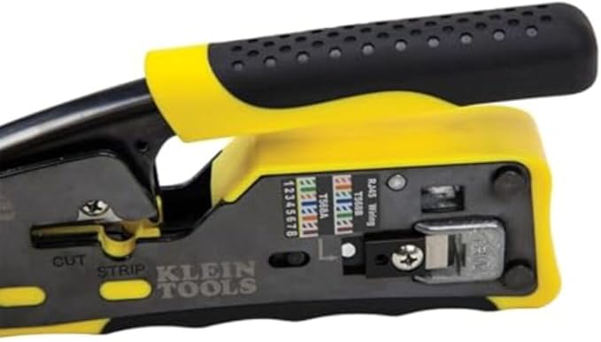 Klein Tools VDV226-110 Ratcheting Modular Data Cable Crimper / Wire Stripper / Wire Cutter for RJ11/RJ12 Standard, RJ45 Pass-Thru Connectors