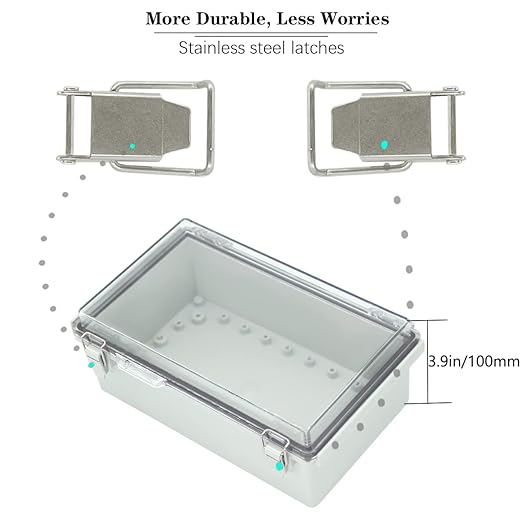 Zulkit Junction Box ABS Plastic Dustproof Waterproof IP67 Electrical Boxes Hinged Shell Outdoor Universal Project Enclosure Grey Clear Cover, Stainless Steel Buckles 10.2 x 6.3 x 3.9 Inch