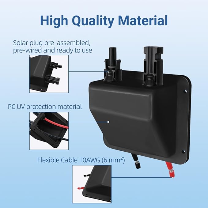 Solar Cable Entry Gland, IP68 Solar Cable Gland Entry Housing Solar Junction Box, UV Resistance for Solar Project on Rv, Boat,Camper,Van (with 0.33ft 10awg Cable, Black)