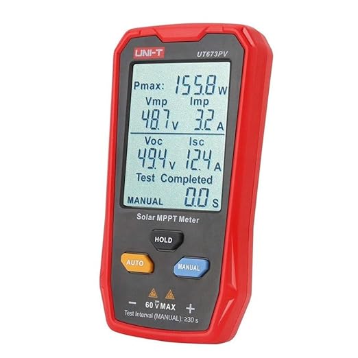 UNI-T UT673PV Solar Panel Tester, Solar MPPT Meter, 800W Photovoltaic Module Maximum Power Tester, Intelligent Manual/Auto MPPT Test, Large LCD and Multiple Result Displays