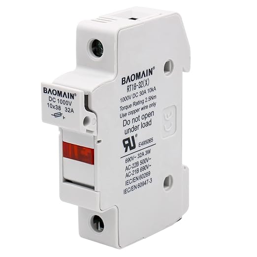Baomain 5-Pack Solar PV DIN Rail Fuse Holder 1 Pole 30A 1000VDC/32A 690VAC, RT18-32 10x38mm, 18-8 AWG with LED Indicator, 35mm Mount, UR & CE Certified for Solar PV Systems