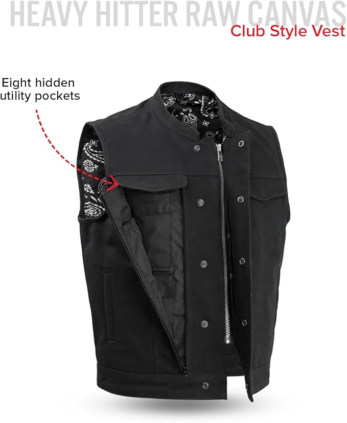 First Mfg Co - Men's Motorcycle Biker Riding Black Canvas Vest