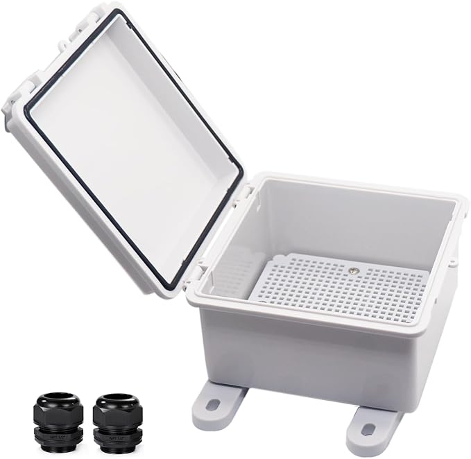 Waterproof Electrical Box Dustproof Junction Box Weatherproof IP67 ABS Plastic Enclosure Switch Router Project Box with Mounting Plate with Wall Bracket 2 Cable Glands Grey 5.9"x5.9"x3.5"