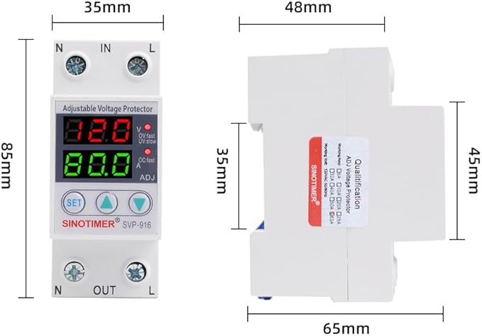 SVP916 SINOTIMER Dual LED Display 120VAC 80A Adjustable Voltage Surge Protector Relay with Limit Current Protection, Din Rail Installation in DB Home Usage (Green Display)