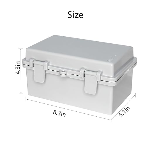 Electrical Junction Box - Outdoor Waterproof Electrical Box ABS Plastic Outdoor Project Enclosure ith Plastic Snap for Ships, garages, and Surveillance installations Gray Cover 8.2"x5.1"x4.3"