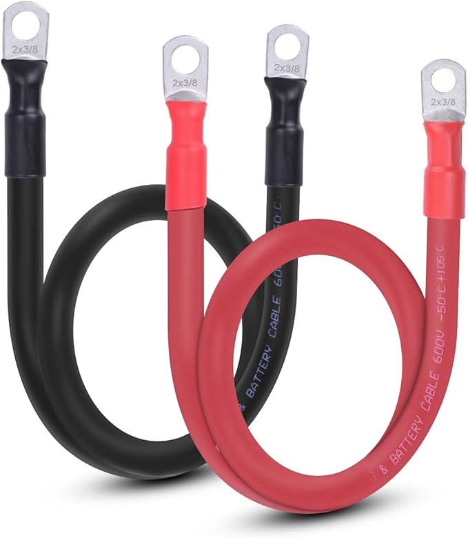 2 AWG Flexible Battery Cable with 3/8" Terminals - OFC Pure Copper Inverter & Welding Wire for Automotive Solar RV Motorcycle (Red + Black 2FT Pair)