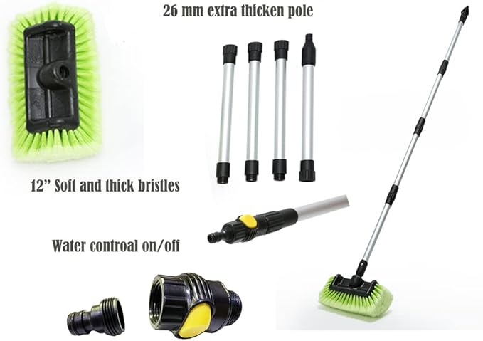 Forgrace Car Wash Brush 12" with Long Handle 60 Inch, Soft Bristle Scrub Brush for Car, Truck, Boat, RV, House Siding, Deck Camper Exterior Washing Cleaning Tool Green