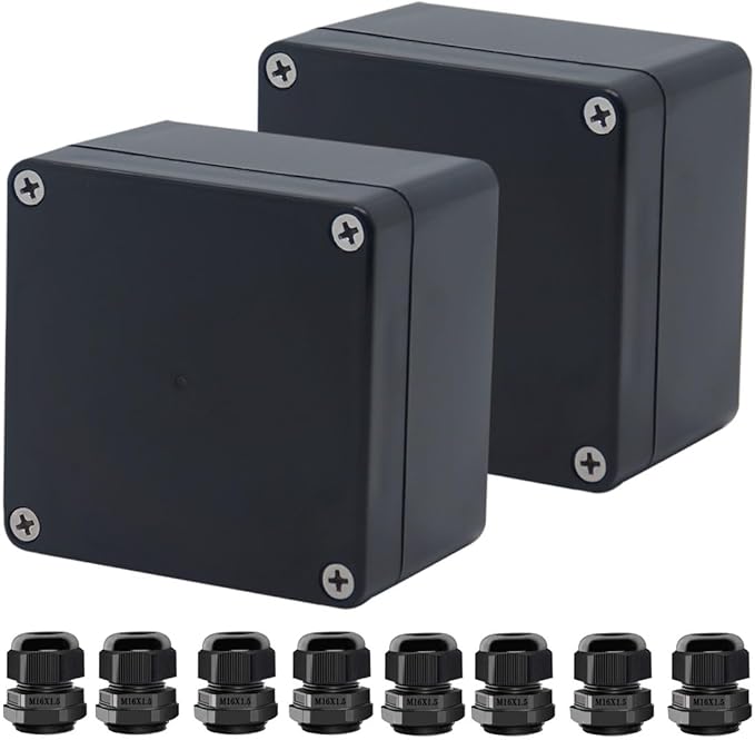 Project Box ABS Black Electrical Boxes IP67 Outdoor Waterproof Box Electronic Junction Box Power Enclosure with Cable Glands for DIY Project 3.3x3.2x2.2inch (83 x 81 x 56 mm)