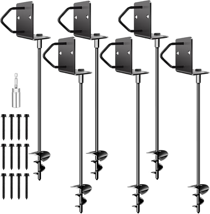 Ground Anchors Shed Anchors 27" Set of 6 Trampoline Stakes Screw in Heavy Duty Mobile Home - Storage Shed Anchor Kit - Playset Swing Anchors - Stakes for Fence,Carport,Garden (Black, 6 x 27in)