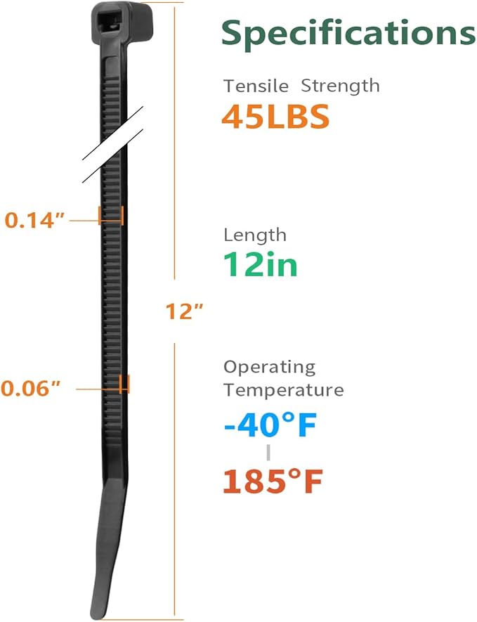 12 Inch Black Zip Ties (2000 Pack), 45 LBS Tensile Strength, Self-Locking Nylon PA66 UV Resistant Cable Ties for Indoor and Outdoor Use