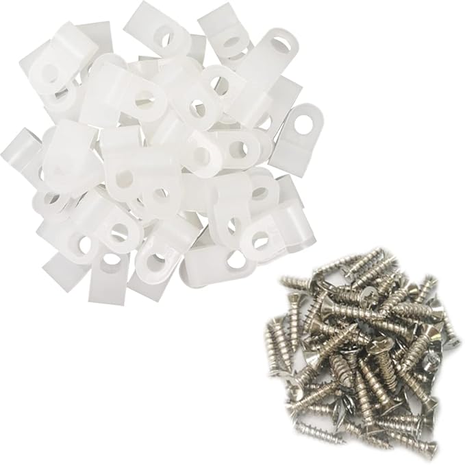 Cable Clamp R-Type Cable Clip Wire Clamp 3/16" Nylon Screw Mounting Cord Fastener Clips with Screws for Wire Management - White - 50 Pcs
