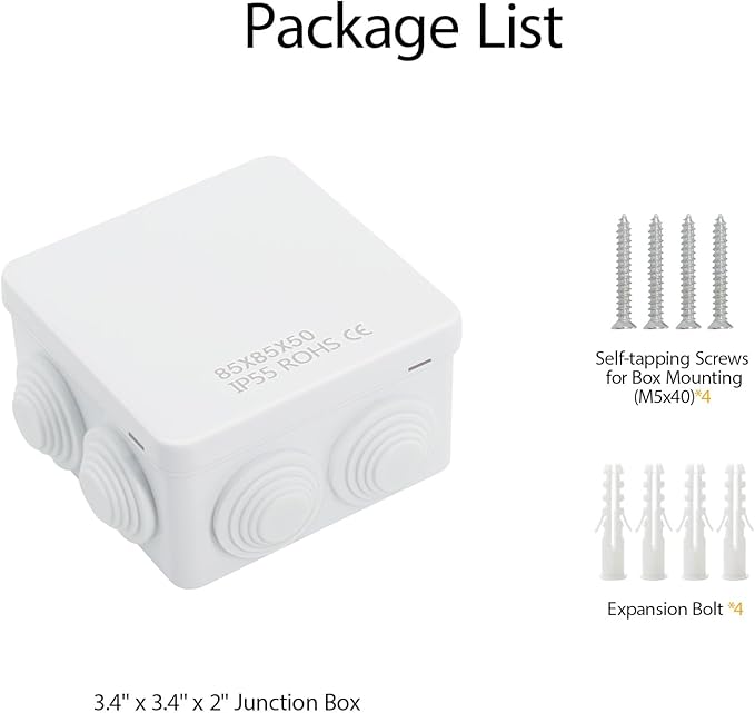 LeMotech ABS Plastic Dustproof Water Resistant IP55 Junction Box Universal Electrical Project Enclosure White 3.4 x 3.4 x 2 inch (85 x 85 x 50 mm)