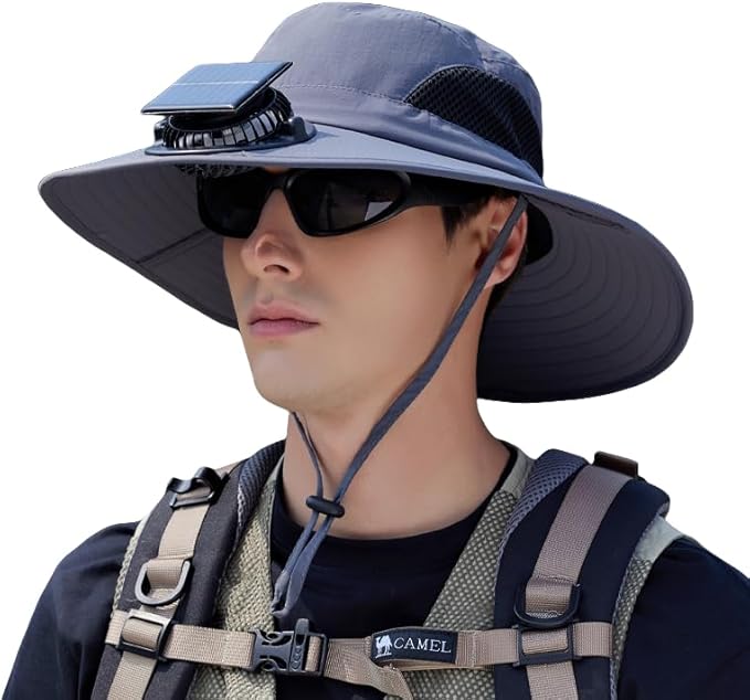 Extra Wide Brim Solar Fan Hat, Mens Fishing Hat with Fan, Neck Flap Sun Hat, UPF 50+ Solar Powered Cooling Cap Fisherman Hats