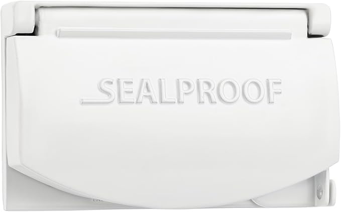 Sealproof 1-Gang Horizontal Weatherproof Outdoor Metal Flat Outlet Cover, Single Gang Electrical Power Receptacle Protector, UL Listed, 4-in1, White
