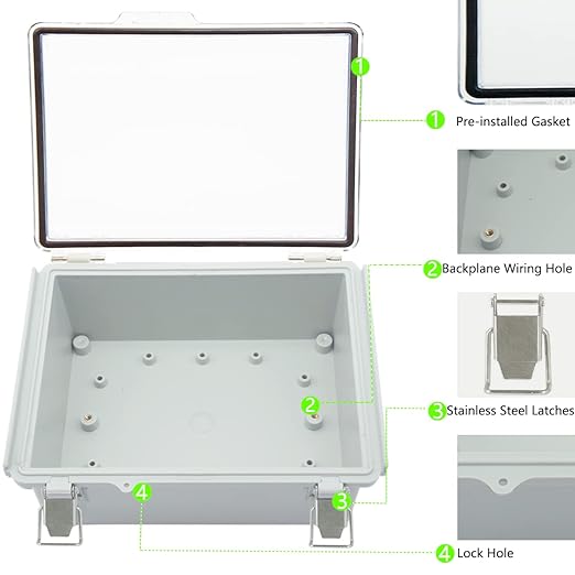 Zulkit Junction Box ABS Plastic Dustproof Waterproof IP67 Electrical Boxes Hinged Shell Outdoor Universal Project Enclosure Grey Clear Cover, Stainless Steel Buckles 8.7 x 6.7 x 4.3 Inch