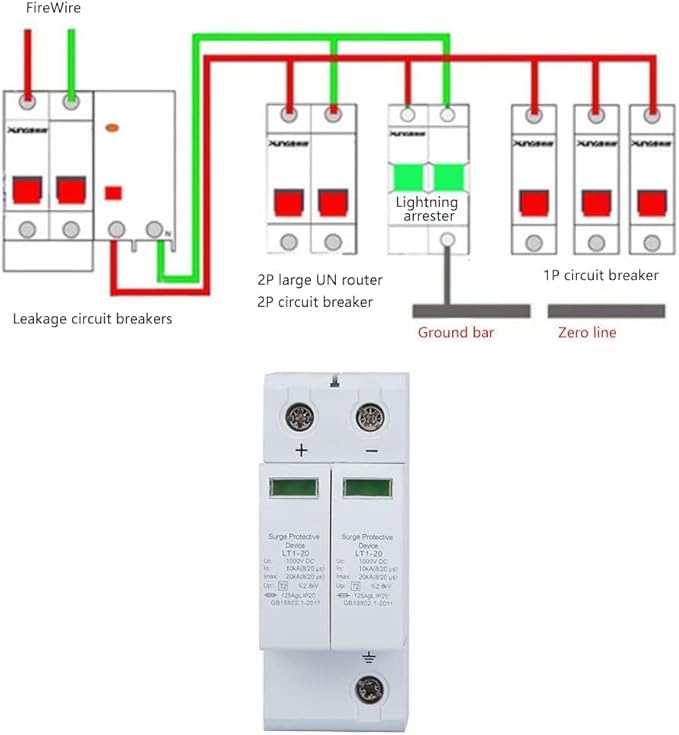 Dc Solar Surge Protector 2P Surge Protective Device DC Photovoltaic Lightning Protector Low-voltage Arrester(2P20KA)