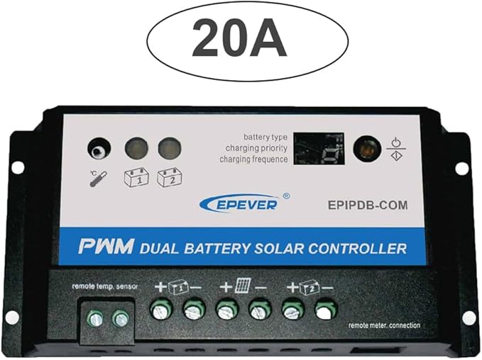 EPEVER EPIPDB-COM Series Dual Battery Solar Charge Controller 20A 12V/24V Auto Work for RVs Caravans and Boats etc Duo Battery Solar Charging System