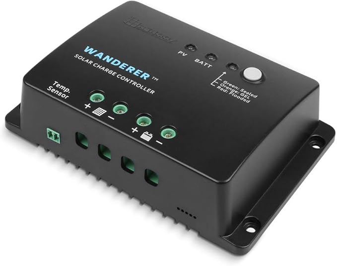 Renogy Wanderer 30 Amp 12V Advanced PWM Negative Ground Solar Charge Controller Battery Regulator Compatible with Sealed, Gel, and Flooded Batteries and Wanderer Temperature Sensor