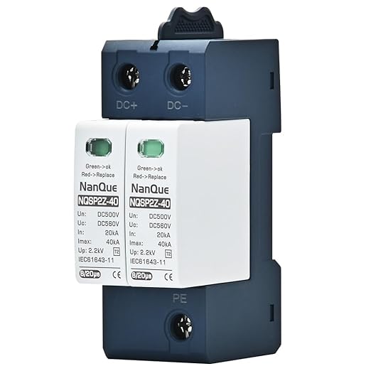 DC SPD Surge Protector for 100V-1000V PV Systems, 2-Pole 40kA T2 Level, Replaceable Module, Solar Panel Lightning Protection, Overvoltage Protection (1000V)