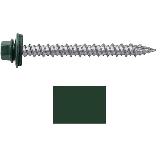 Metal ROOFING SCREWS: (250) 10 x 2" Forest/Ivy Green Hex Head Sheet Metal Roof Screw. Self starting metal to wood siding screws. EPDM washer. Colored head