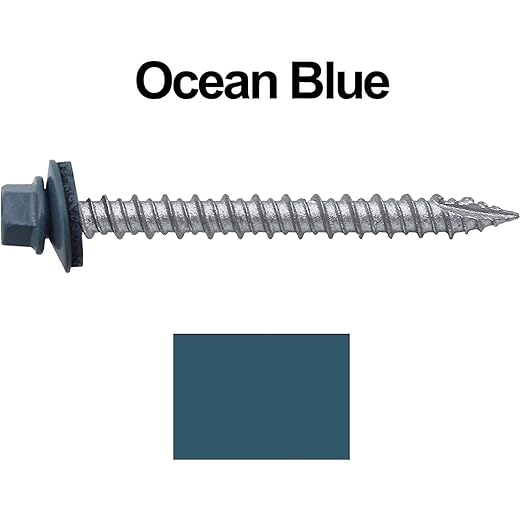 Metal ROOFING SCREWS: (250) 10 x 2" Ocean Blue Hex Head Sheet Metal Roof Screw. Self starting metal to wood siding screws. EPDM washer. Colored head