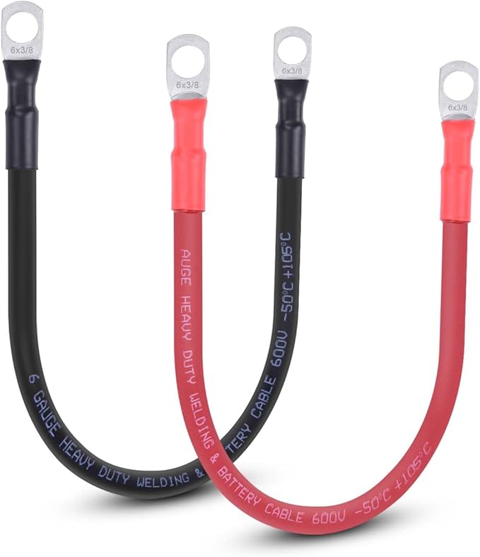 6 AWG Flexible Battery Cable with 3/8" Terminals - OFC Pure Copper Inverter & Welding Wire for Automotive Solar RV Motorcycle (Red + Black 1FT Pair)