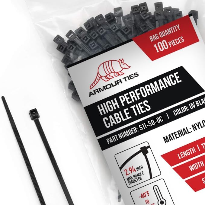 11-inch Black Zip Ties Heavy Duty UV Resistant Nylon Cable Ties, 50lb Tensile Strength, 1000-Pack - Durable Wire Ties, Heavy Duty Tie Strap Indoor and Outdoor Cable Management Solution by ARMOUR TIES
