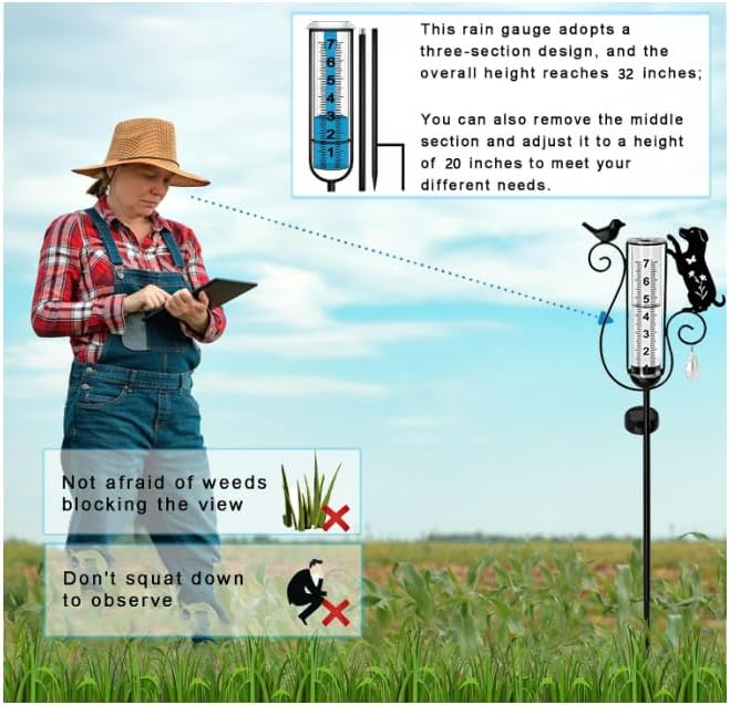 Outdoor rain Gauge Accurate Outdoor rain Gauge Garden rain Gauge with Black Dog and Bird Solar Light Stake Decorative rain Gauge for Garden Patio Lawn with Large Numbers 37 in Tall