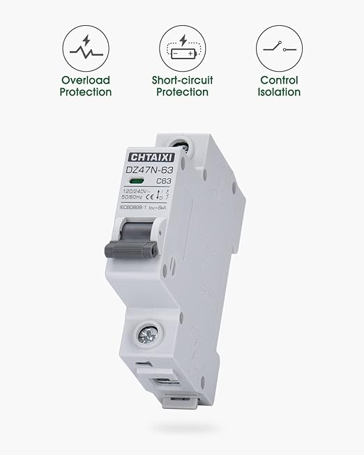 AC Miniature Circuit Breaker, 63 Amp 120V/240V 1 Pole DIN Rail Mount Circuit Breaker, Thermal Magnetic Trip, Solar AC Disconnect Switch MCB C63