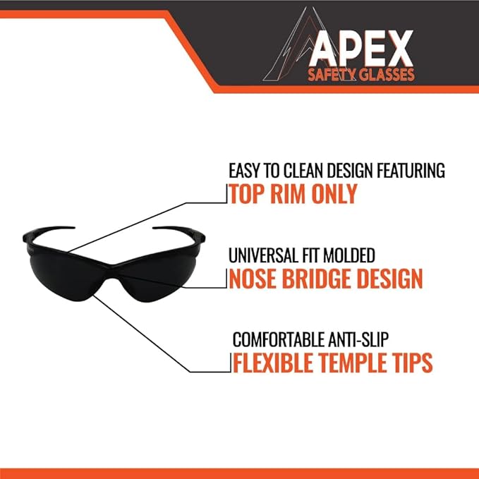 Malta Dynamics APEX Safety Glasses – Anti Scratch and Anti Fog Protection, Construction Safety Glasses for Men and Women, ISEA & ANSI Z87 Compliant (Tinted, 180 Pairs)