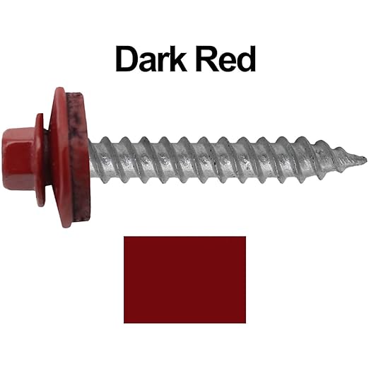 Metal Roofing Screw: (250) 12 x 1-1/2" Dark RED Hex Sheet Metal Roof Screw. Sharp Point Metal to Wood siding Screws. 5/8" EPDM Washer.