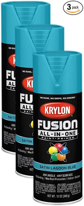 Krylon K02741007 Fusion All-In-One Spray Paint for Indoor/Outdoor Use, Satin Lagoon Blue, 12 Ounce (Pack of 3)