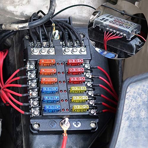12 Way 12V Blade Fuse Block,12 Circuit ATC/ATO Fuse Box Holder with LED Indicator Waterpoof Cover for 12V/24V Automotive Truck Boat Marine RV Van Vehicle