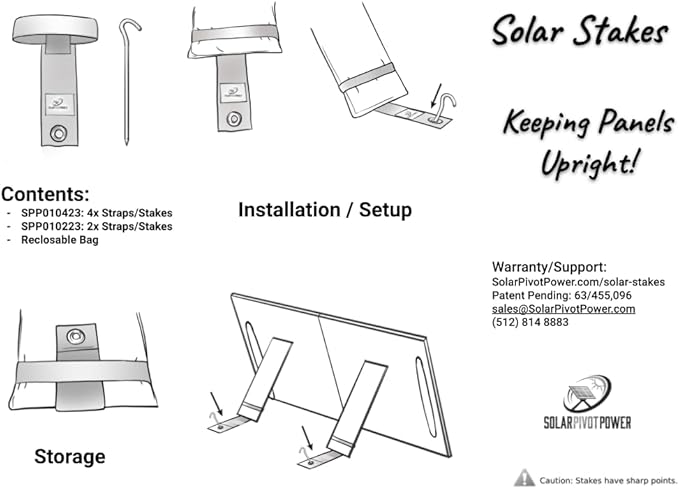 Solar Stakes - Anchor Portable Solar Panels with Seamless Add-on, Heavy Duty Strap with Hook/Loop and Elastic, 7" Aluminum Stake, Prevents Wind Tipping (Quad Kickstand Portable Solar Panel)