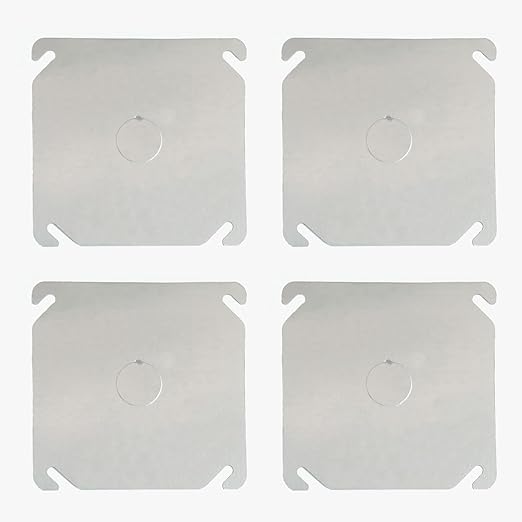 4 Packs Square Electrical Box Cover with 1/2 Inch Knockout, 4 Inch Metal Junction Box Covers, Flat Outlet Box Plate with Angled Mounting Slots for 4 inch Square Box