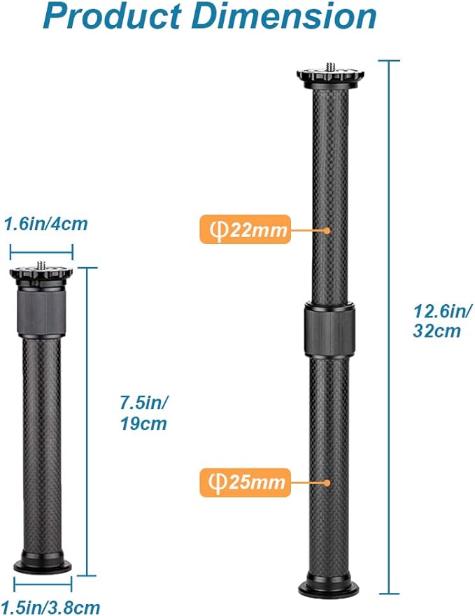 Carbon Fiber Tripod Extension Two-Section Rod Central Column Extender Tube for Photo Studio Monopod DSLR Camera Microphone Stand