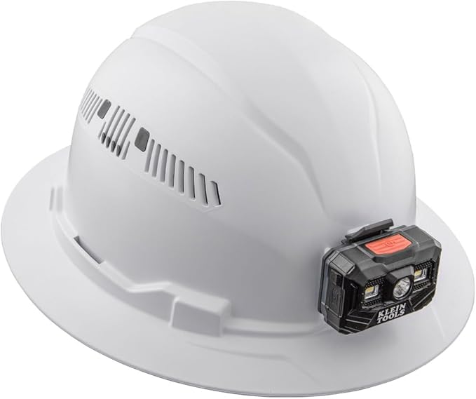 Klein Tools 60407RL Hard Hat, Rechargeable Headlamp, Vented, Full Brim Style, Padded Self-Wicking Odor-Resistant Sweatband, White