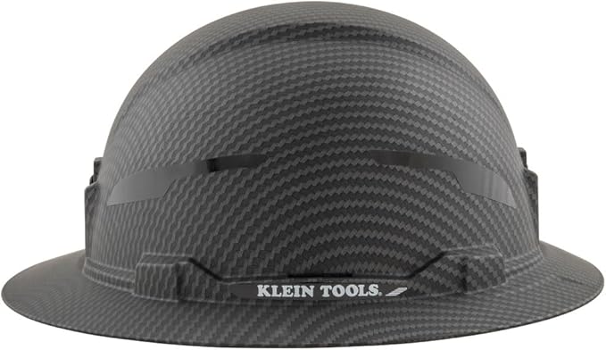 Klein Tools Hard Hat, Non-Vented Full Brim, Premium KARBN Pattern, Class E, Tested up to 20kV, Padded Sweat-Wicking Sweatband, Top Pad