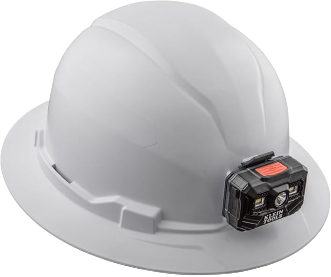 Klein Tools 60406RL Hard Hat, Rechargeable Headlamp, Non-Vented, Full Brim Style, Padded Self-Wicking Odor-Resistant Sweatband, Tested up to 20kV, White